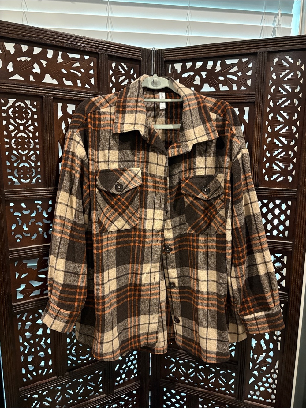 Zenana Plaid Shacket in Brown and Cream (M)
